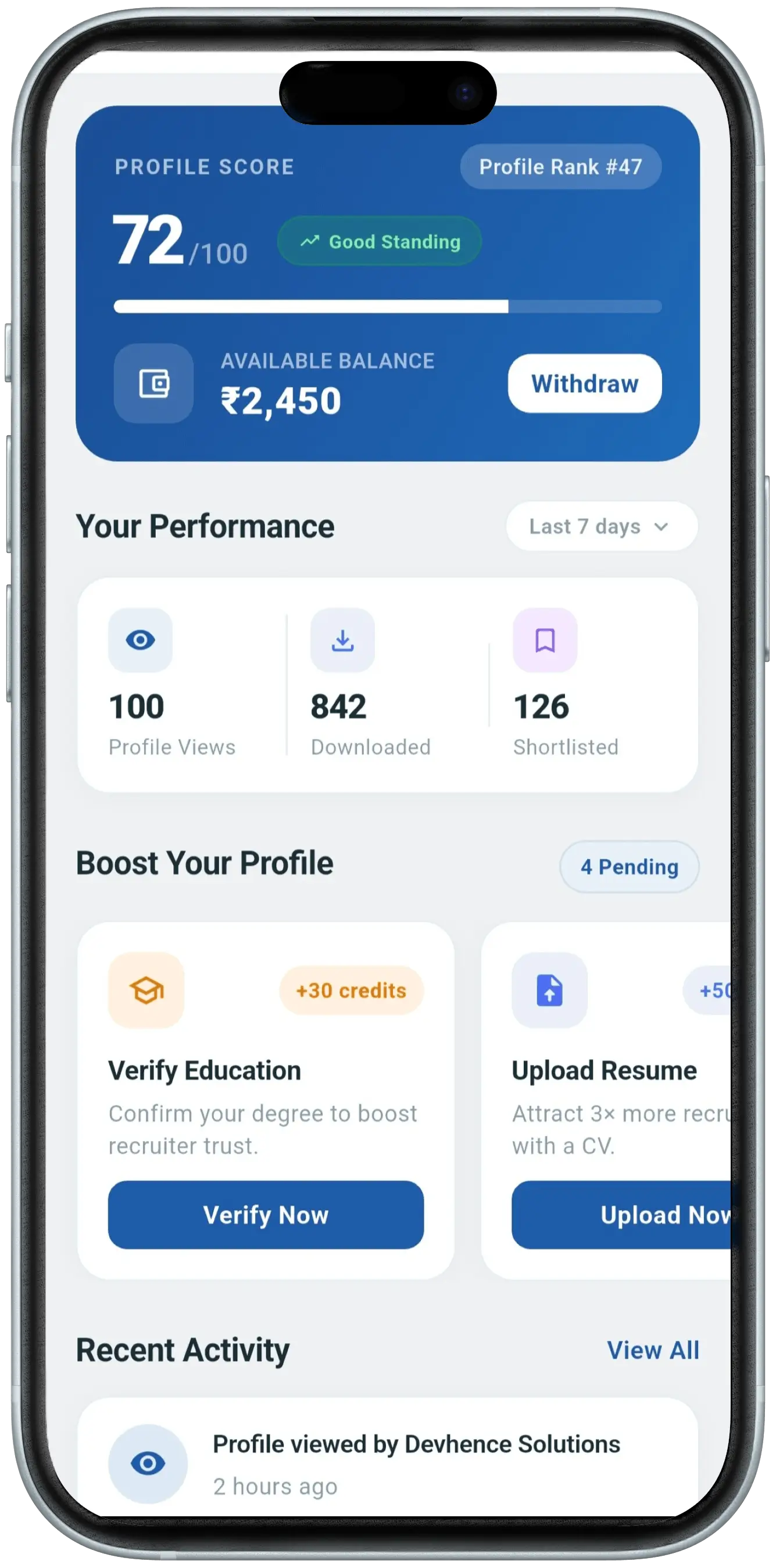 LVLUP India candidate mobile app showing earnings dashboard